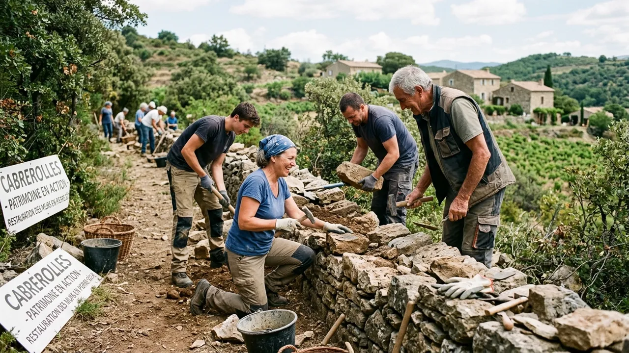 Mobilisation citoyenne lors d'un chantier participatif de restauration à Cabrerolles